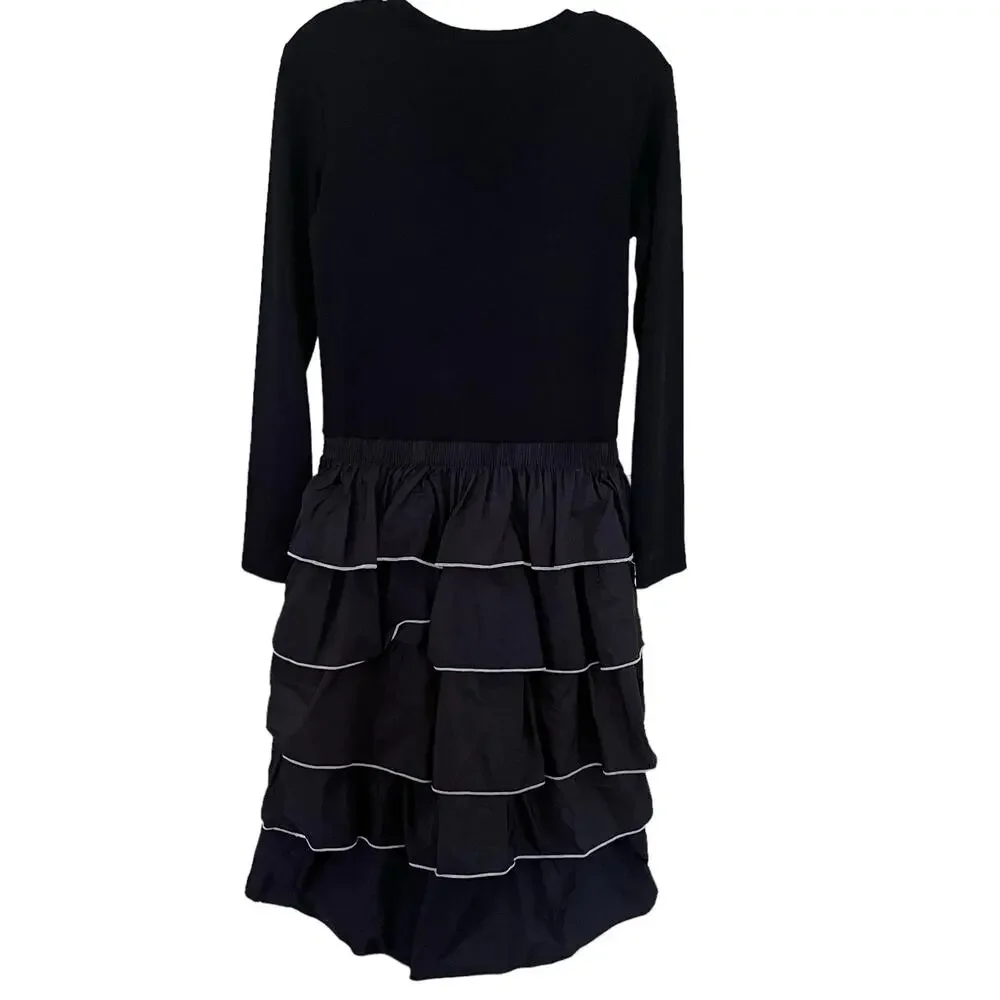 Zara Black Ruffle Tiered Long Sleeve Crewneck Midi Dress size L - Picture 2 of 6